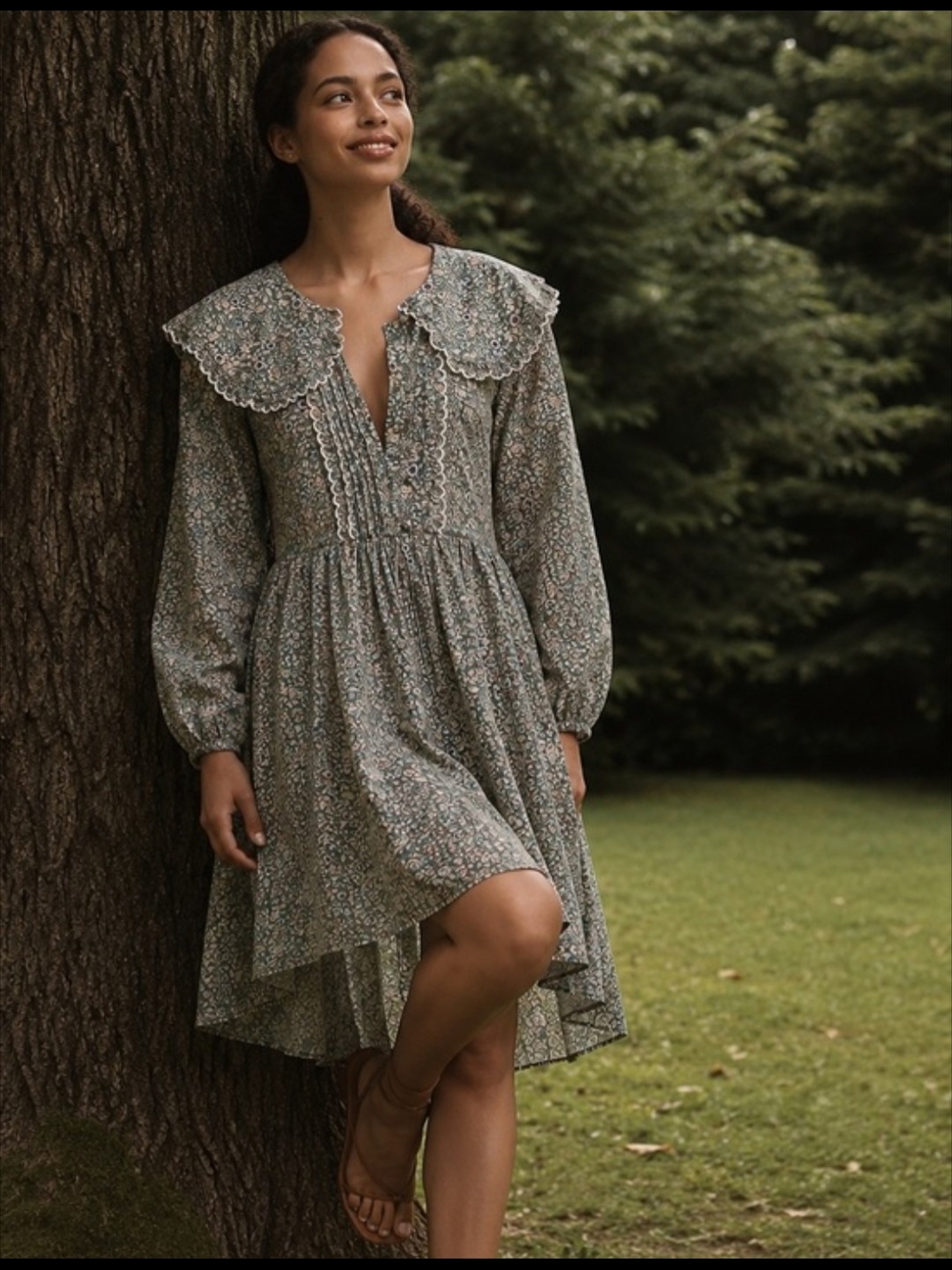 Anthropologie Sage Floral Lace-Trim High-Low Dress